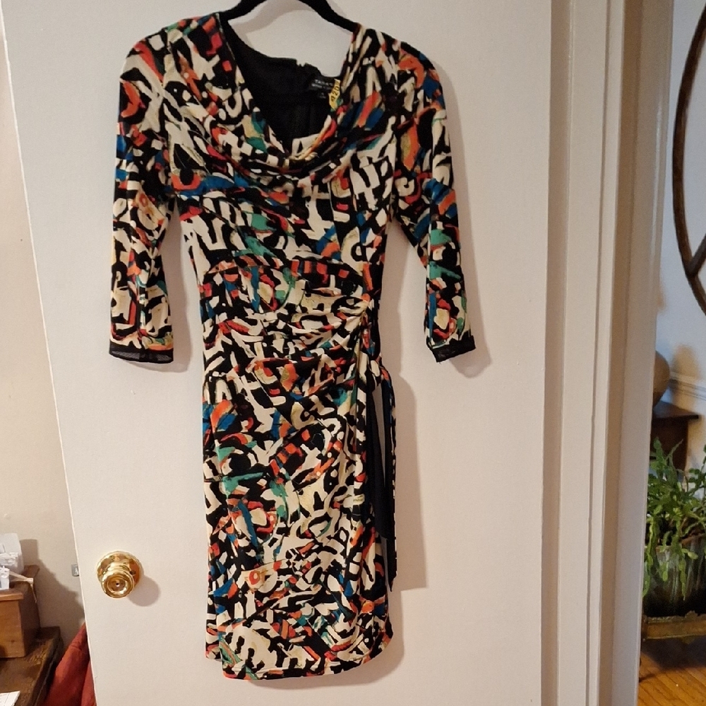 Tahari Black and Red Sheath Dress with Cowl Neck and 3/4 Sleeves